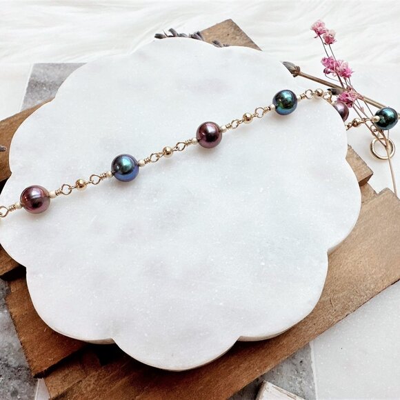Handmade Rainbow Peacock Freshwater Pearl Bracelet | 14k Gold Filled - Picture 3 of 5
